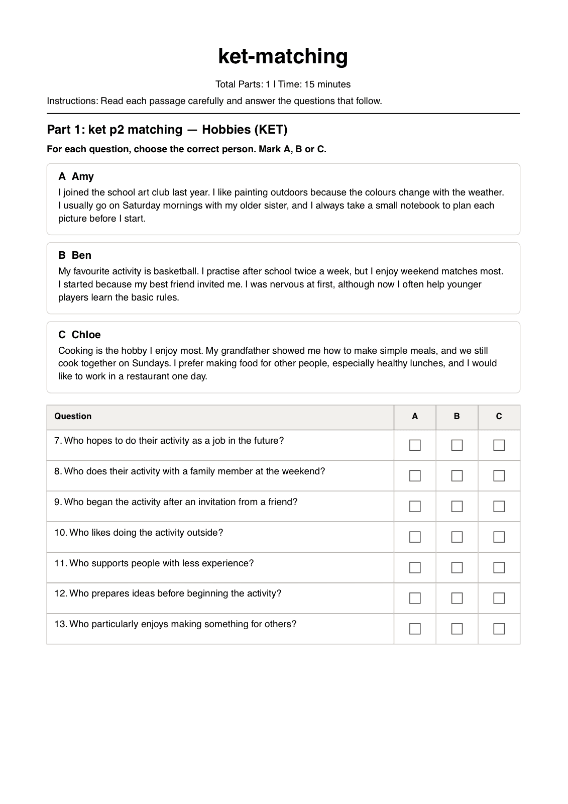 Generated A2 Reading Part 2 paper page with three source texts and an A/B/C answer grid