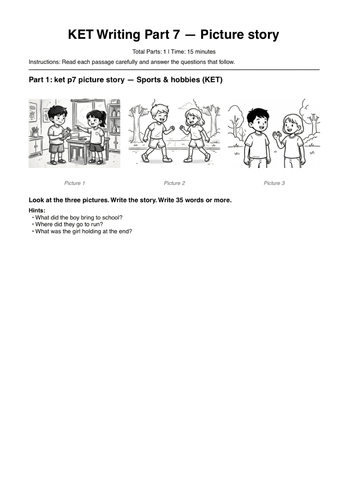 Generated A2 Writing Part 7 paper page with three sequential line-drawing pictures and writing hints