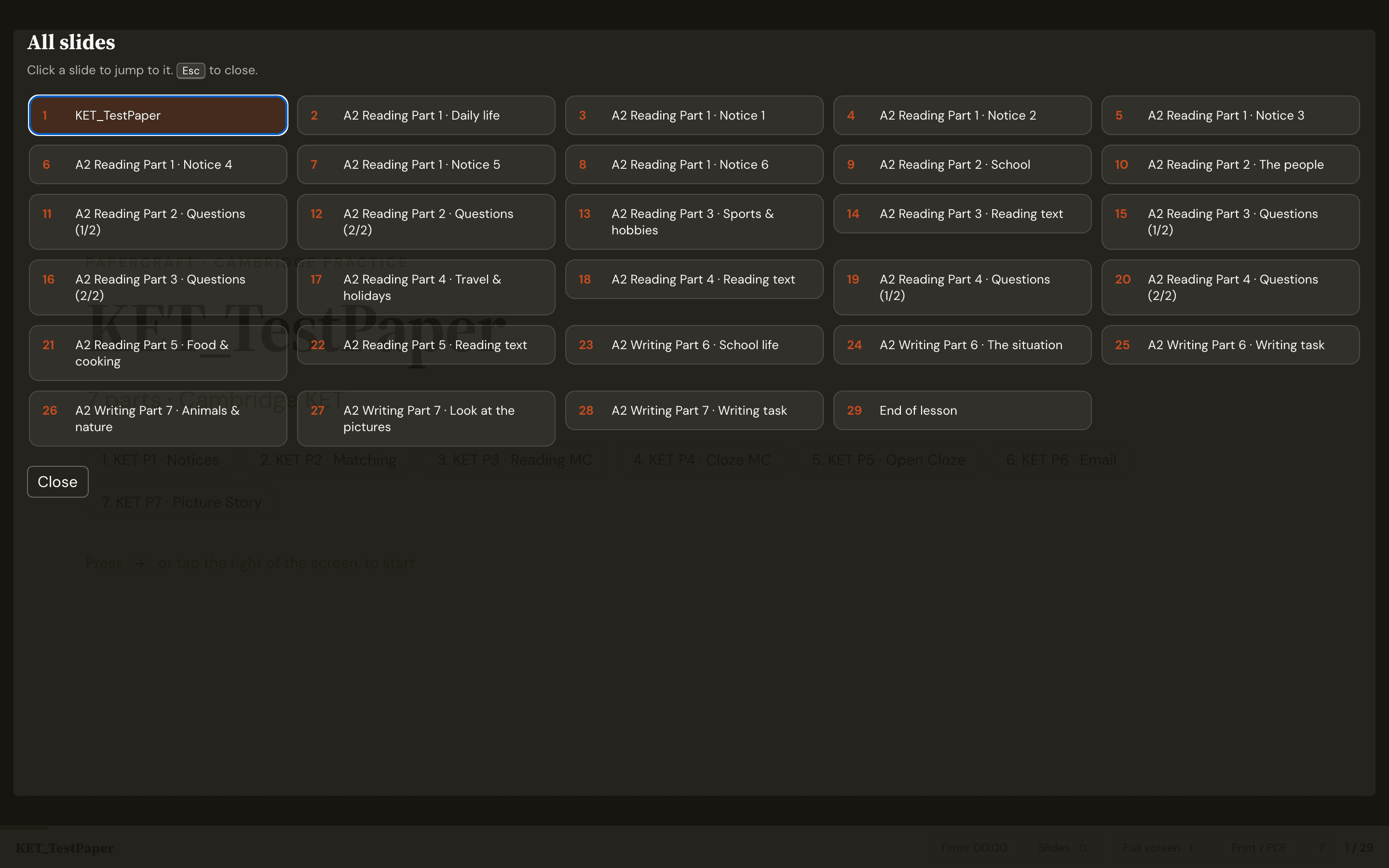 The same deck exported without answers, listing 29 slides with no answer key or model answer entries