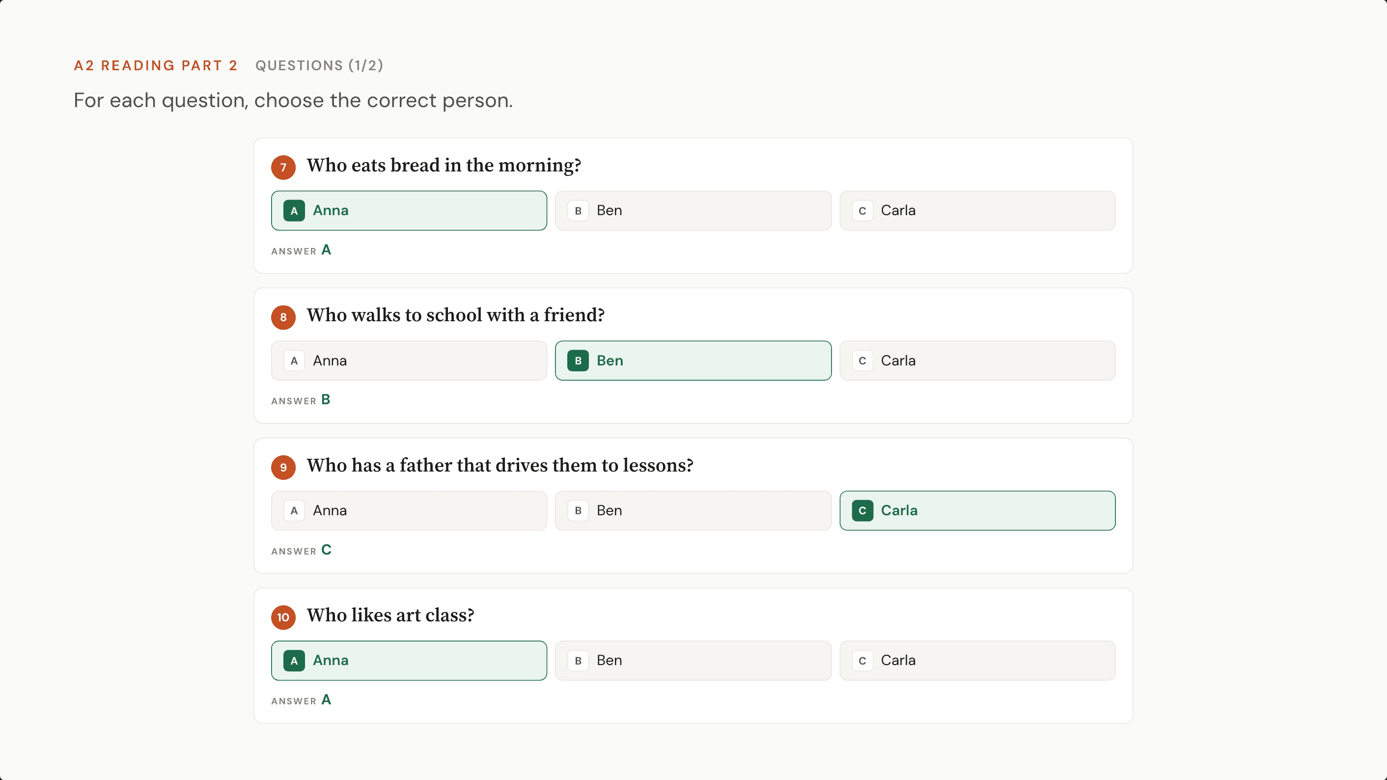 A projected multiple-choice cloze slide showing three numbered gaps, each with three options, the correct option marked in green and the key printed beneath it