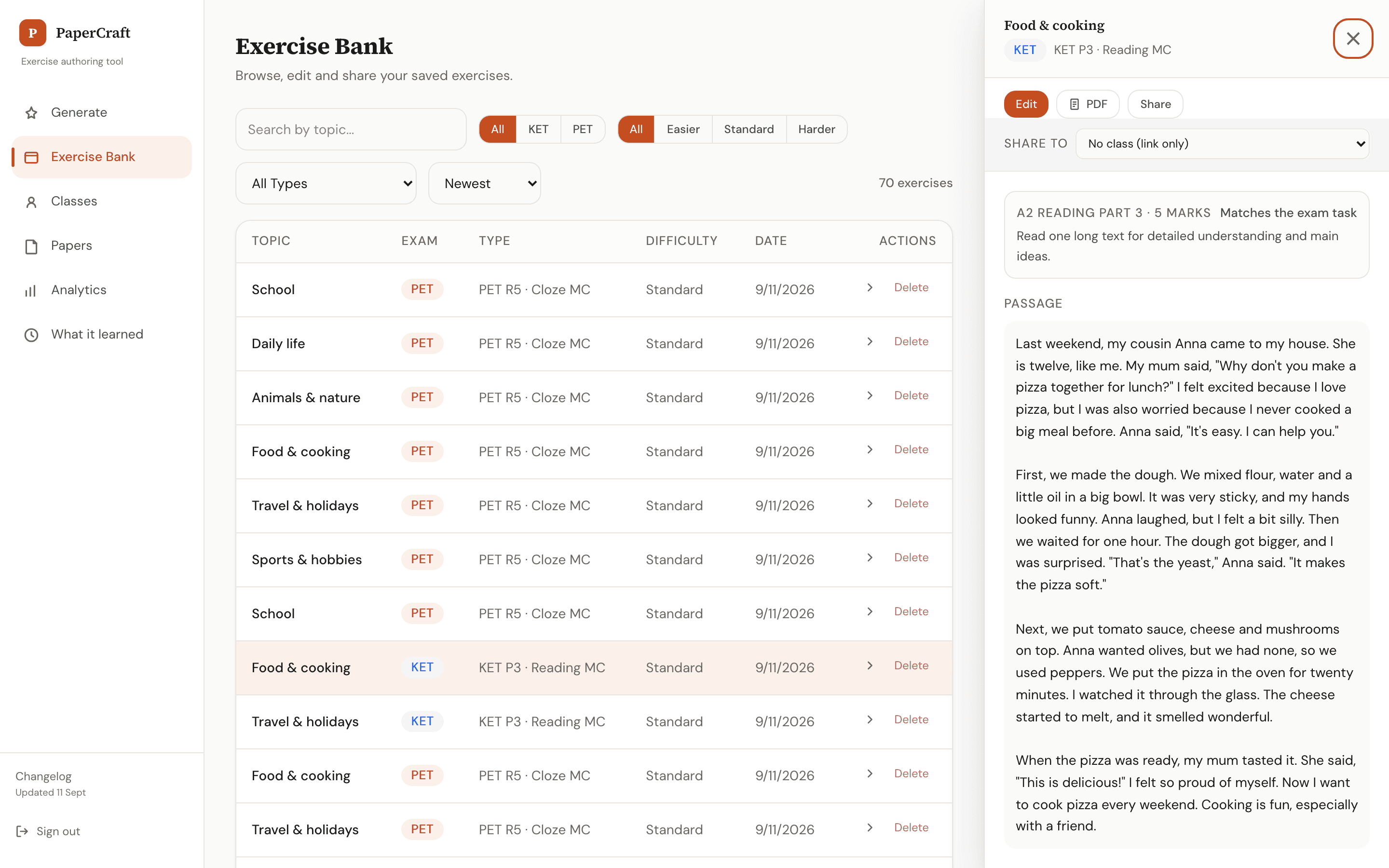 Exercise review drawer with the generated item, options, answer key and sharing controls